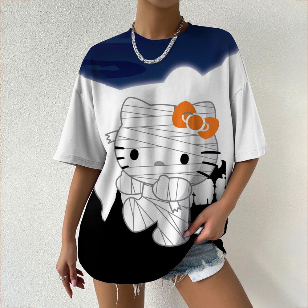 Hello Kitty Tops Aesthetic Women's T-shirts Streetwear Woman Funny Tees Short Sleeves T-shirt Clothing Fashion Girl Festival Top