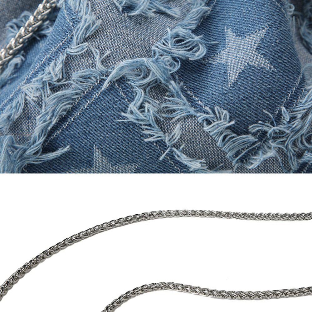 Drawstring Star Denim Bucket Bag Tassel Cloth Shoulder Bag Casual Metal Chain Crossbody Bag  Party