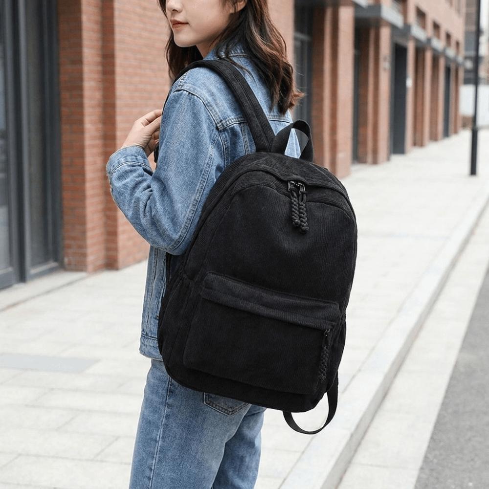 Large Capacity Corduroy Backpack Solid Color Students Daypack Casual Students School Bag Travel