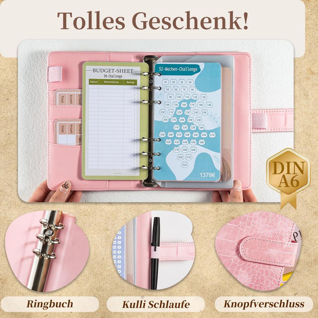 Niemiecki segregator A6: Notes z PU o wzorze krokodyla Macaron i Planer Budżetu Gotówkowego