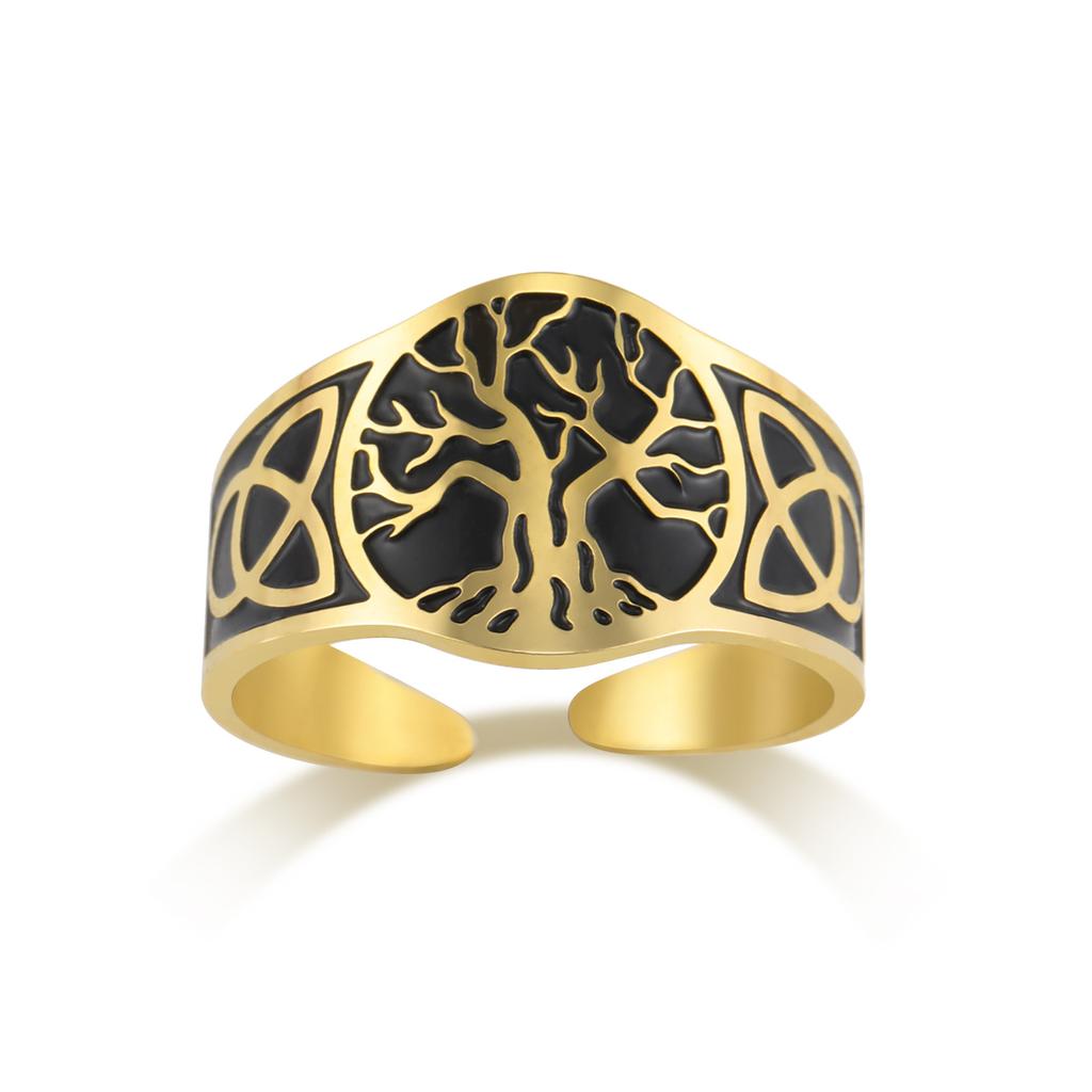 Titanium Steel Tree of Life Ring Personality Trend Hip Hop Punk Stainless Steel Smear Opening Rings for Men