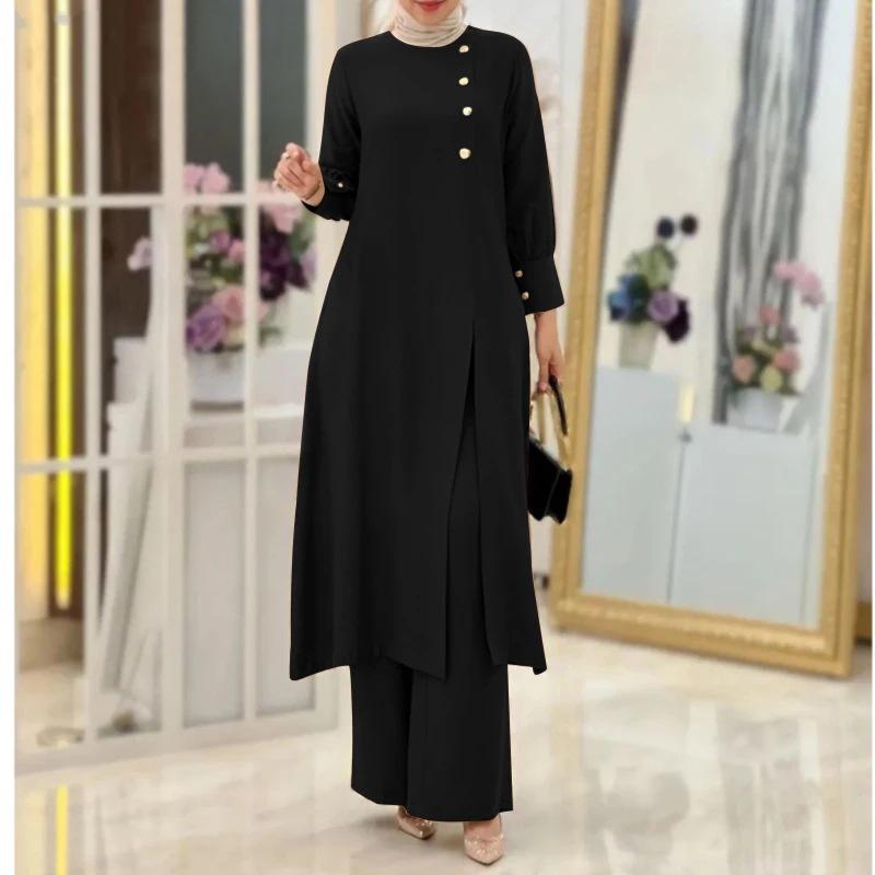 2024 Elegant Solid Color Muslim Women's Two-Piece Suit: Long Side-Slit Shirt & Wide-Leg Pants