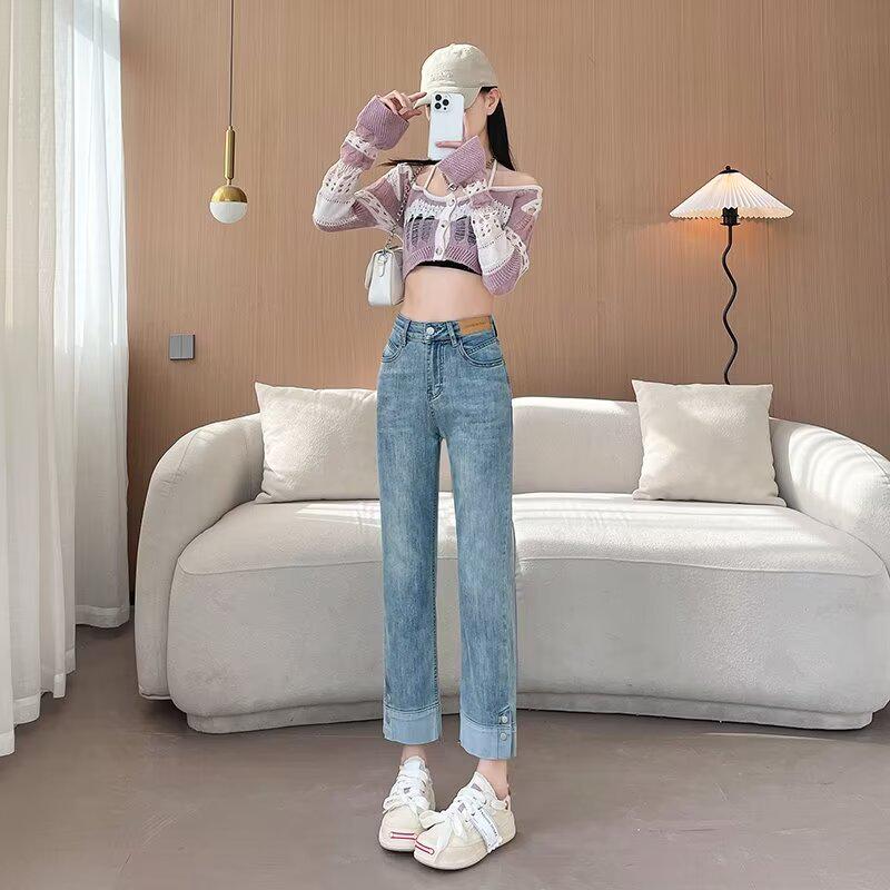 

Женские джинсы-сигареты цементно-серого цвета: Брюки с высокой талией, маленького роста, свободные, длиной до щиколотки, прямого кроя для лета XL (59-64kg)