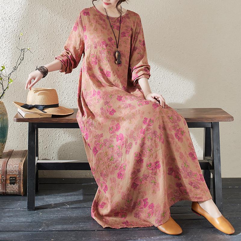 Spring Cotton Vintage Long Sleeve Print Dresses For Women Casual Loose Dress Femme Robe Vestidos Elegant Clothing
