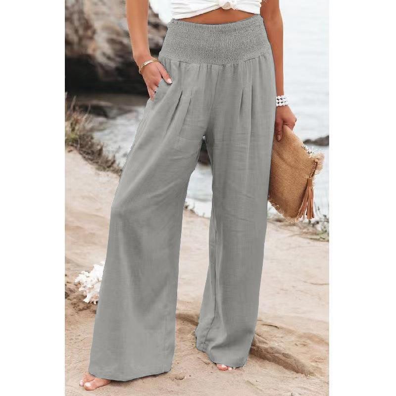 Women's Spring/Summer 2025 Cotton Linen Wide-Leg Pants - Solid Color, Elastic Waist, Casual Long Fit