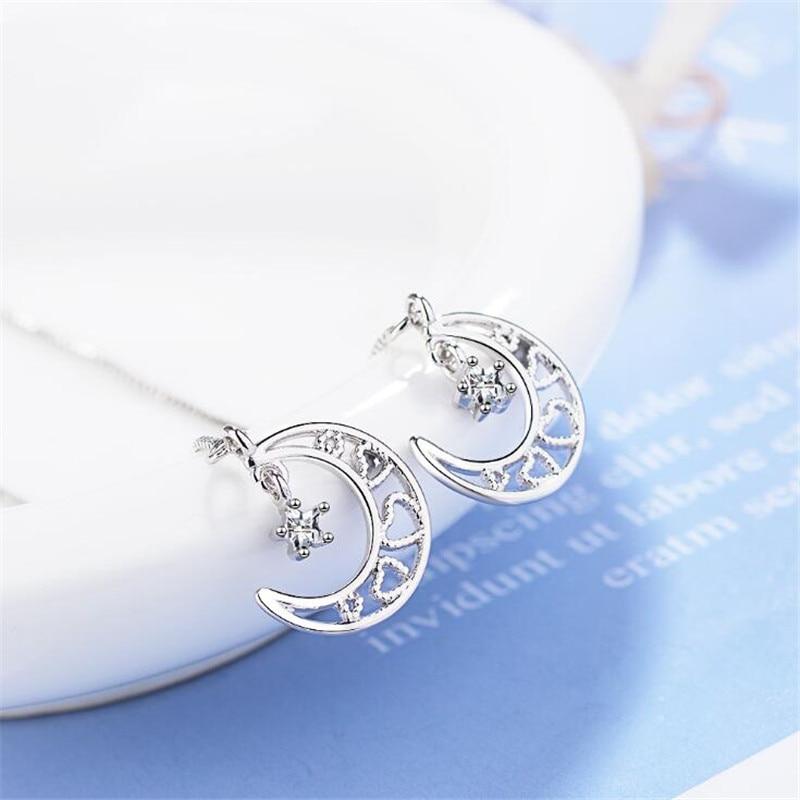 New Fashion Heart Shaped Moon And Star Crystal 925 Sterling Silver Jewelry Ear Line Hollow Exquisite Dangle Earrings Xze232