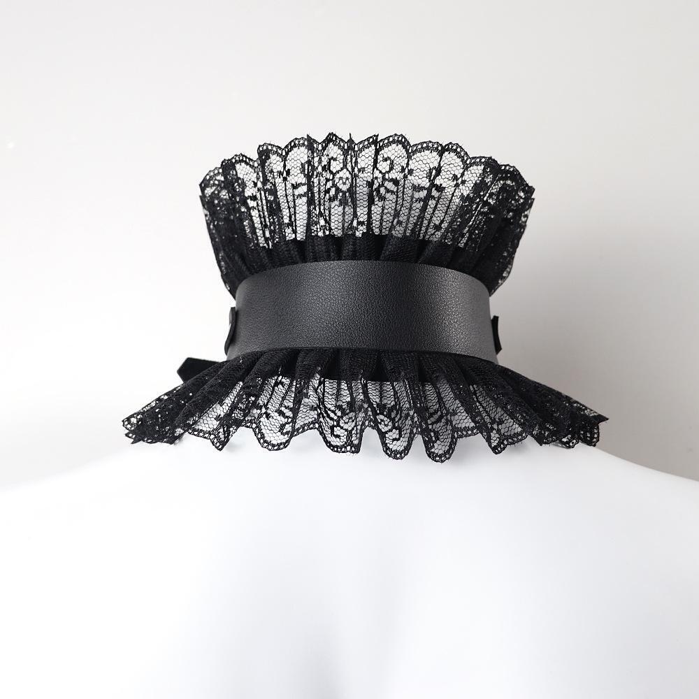 Black Pu Leather Edwardian Neck Chocker Sexy Black Lace Leather Lolita Choker Halloween Costume Gothic Dark Princess Collar