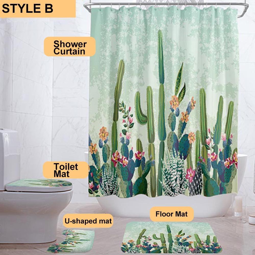 Sada 4 sprchových závěsů s koupelnovými koberečky a předložkami, pouštní kaktus, sukulentní rostliny, koupelnová dekorace