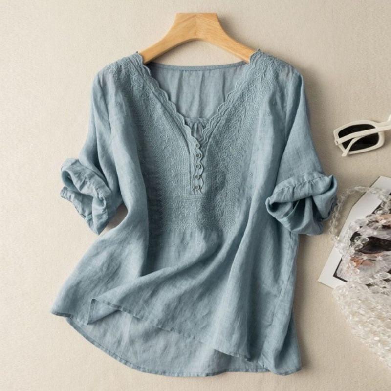 Women S Vintage Literary 3 4 Sleeve Embroidered V Neck Cotton Linen Shirt