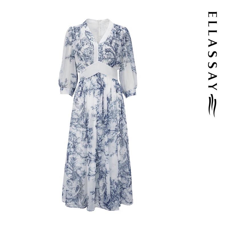 ELLASSAY 2024 Autumn V-Neck Watercolor Ink Print Dress