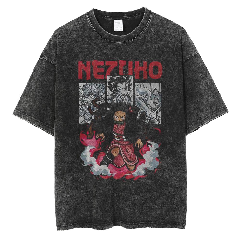 Hot Anime Demon Slayer Kokushibo Graphic Print Washed T Shirt Men Vintage Cotton Tshirts Manga Casual Tee Harajuku Male T-shirt