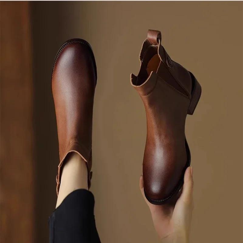Fashion 2025 New in British Style Leather Short Boots Women Round Toe Solid Color Retro Ankle Boots Ladies Chelsea Boot Soft Booties