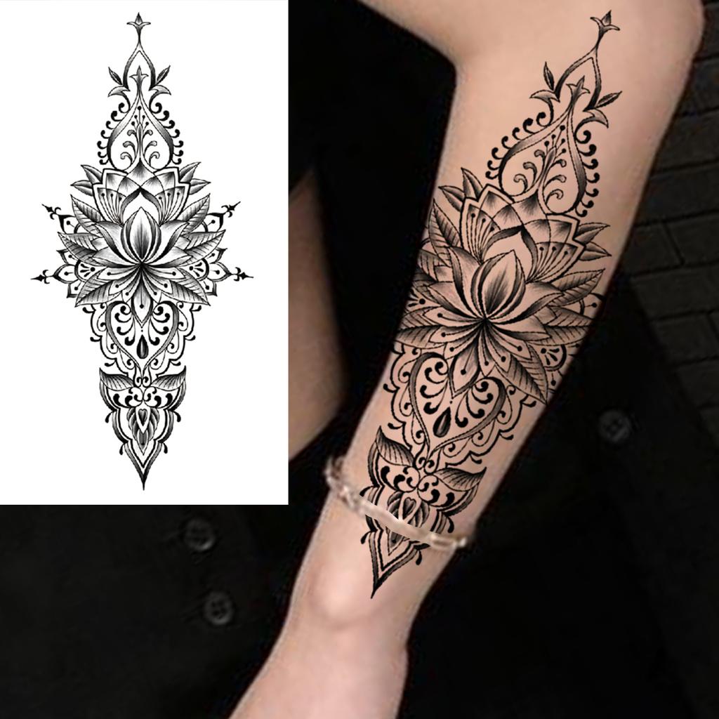 1 Sheet Black Henna Mandala Fake Jewels Temporary Sleeve Tattoos For Women Girls Forearm Waist Chest Back Tattoo Sticker Decal