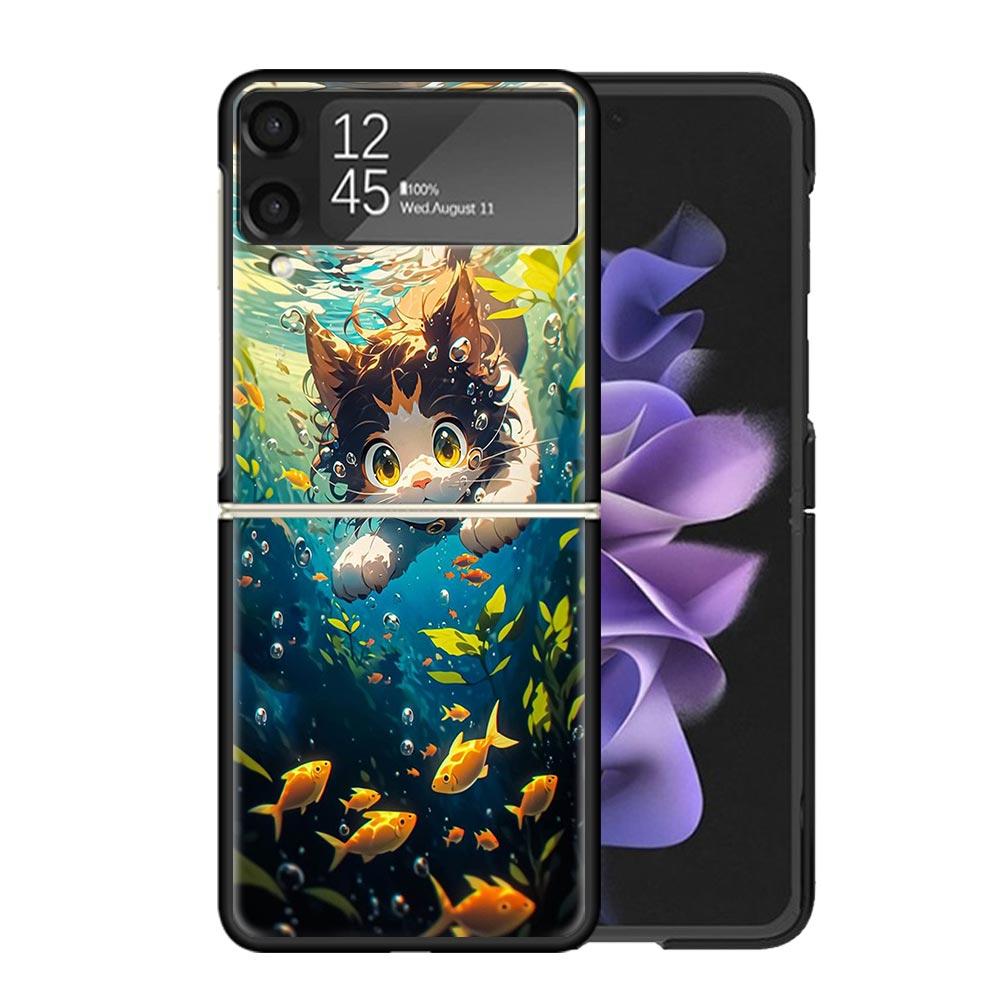 Cartoon Cute Cat Fish Aesthetic Cases For Samsung Galaxy Z Flip 4 5 6 7 3 Z Flip7 Flip6 Flip4 Flip5 Flip3 5G Hard Shockproof Fun
