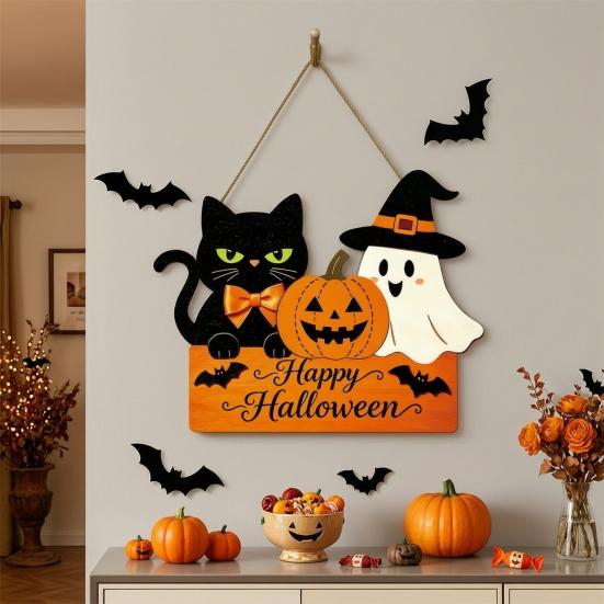 Halloween Wooden Door Sign with Hemp Rope Lanyard, Pumpkin Ghost Printed Hanging Solid Wood Festive Plaque, Front Wall Art for Porch Party Decorative
