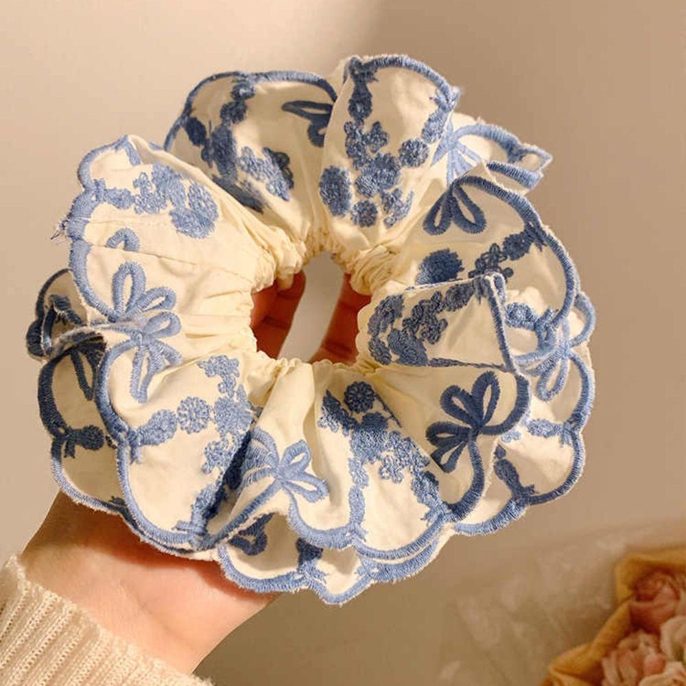 Bow Elastic Hair Bands Blue Embroidery Large Hair Scrunchies Sweet Exaggerated Hair Rope Ladies