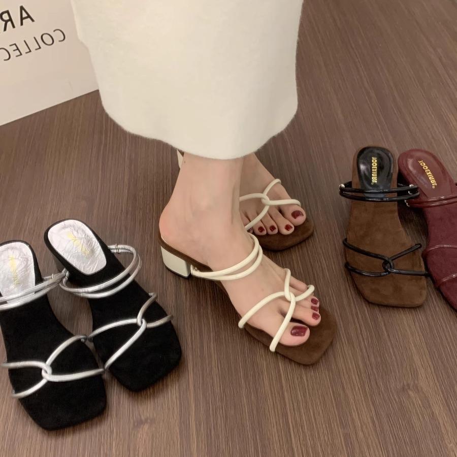 Two-way Cross-strap Open-toed Cool Slippers Women's Summer Wear French Beautiful Not Tired Thick-heeled Roman Sandals