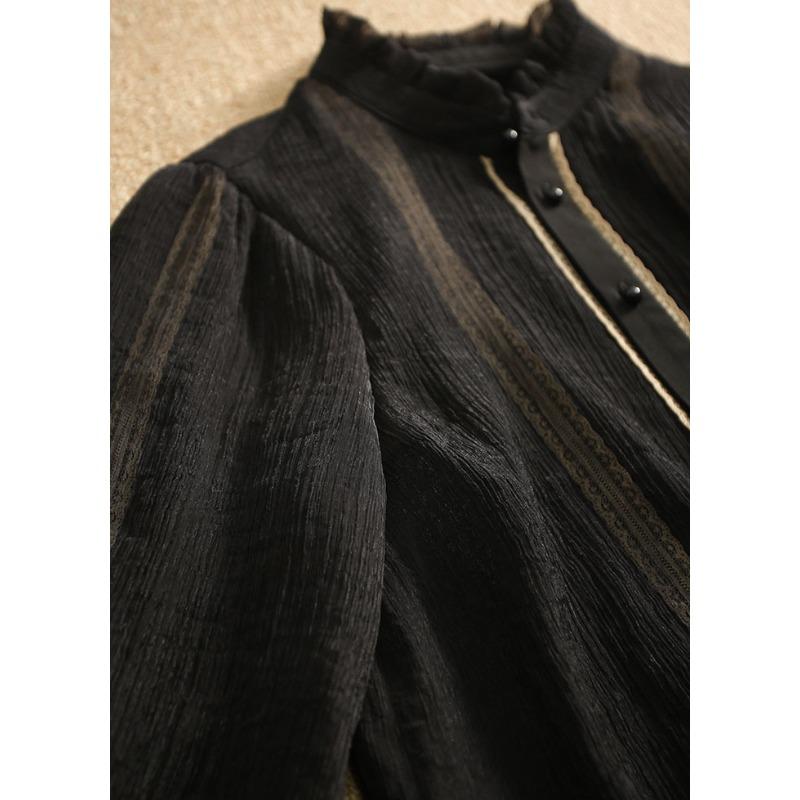 Black Fungus Spitzenbesetztes Stehkragen-Doppellagiges Einreihiges Langarmhemd für Damen Frühherbst Neues Oberteil