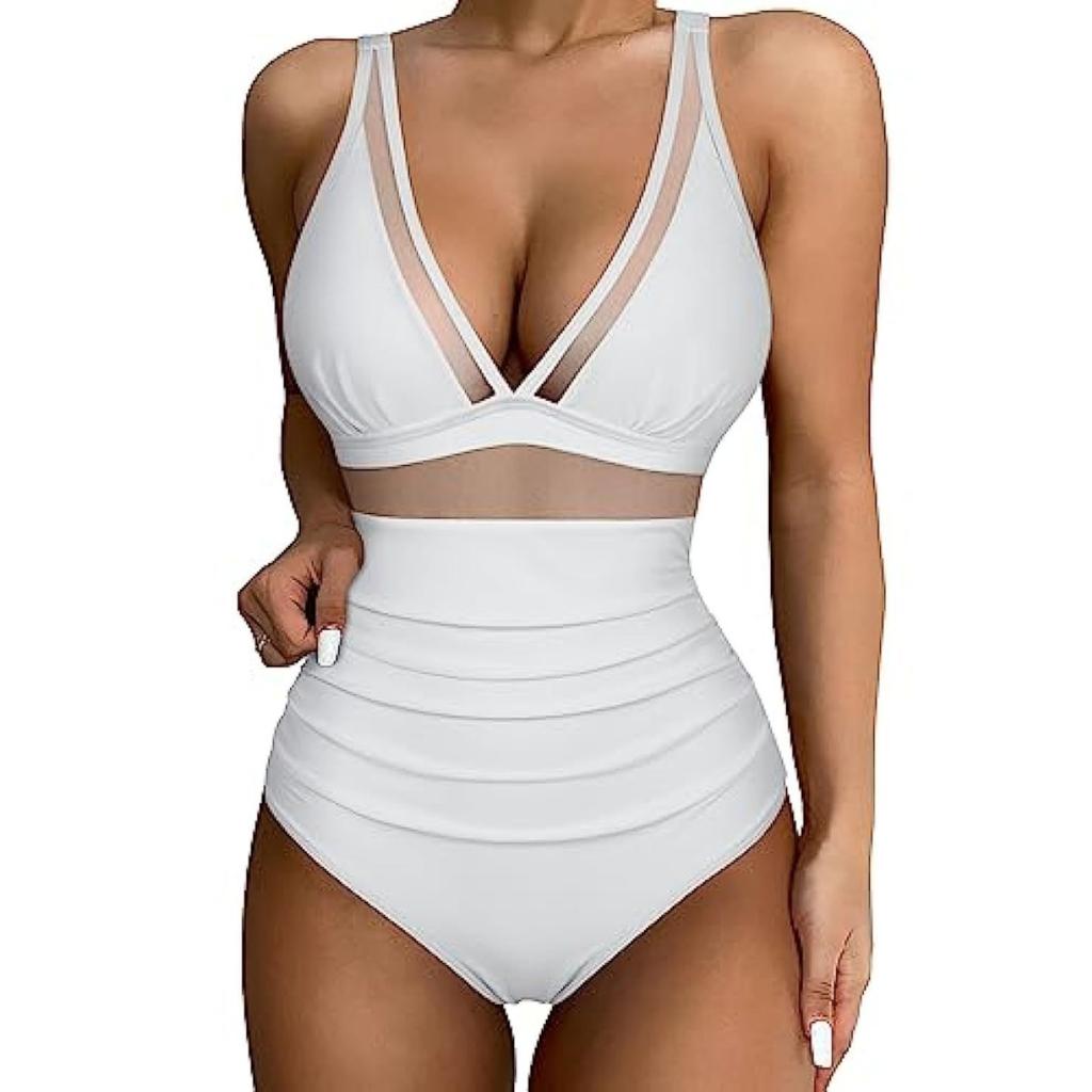 Einteiliger Badeanzug für Damen, ausgehöhltes Mesh, tiefer V-Ausschnitt, Bikini, Strand-Badeanzug