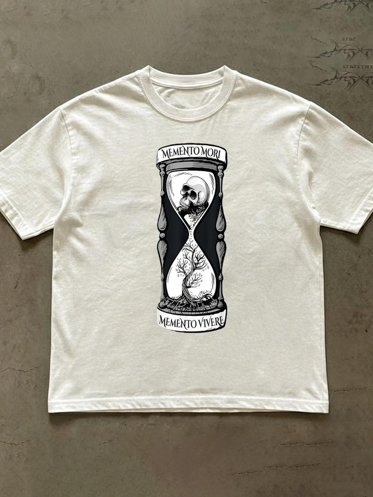 Men's Plus Size Memento Mori - Latin Phrase & Hourglass Skull Design Crew Neck Casual Shirt, Gothic Humorous Tee Suitable for Spring Summer Autumn Out