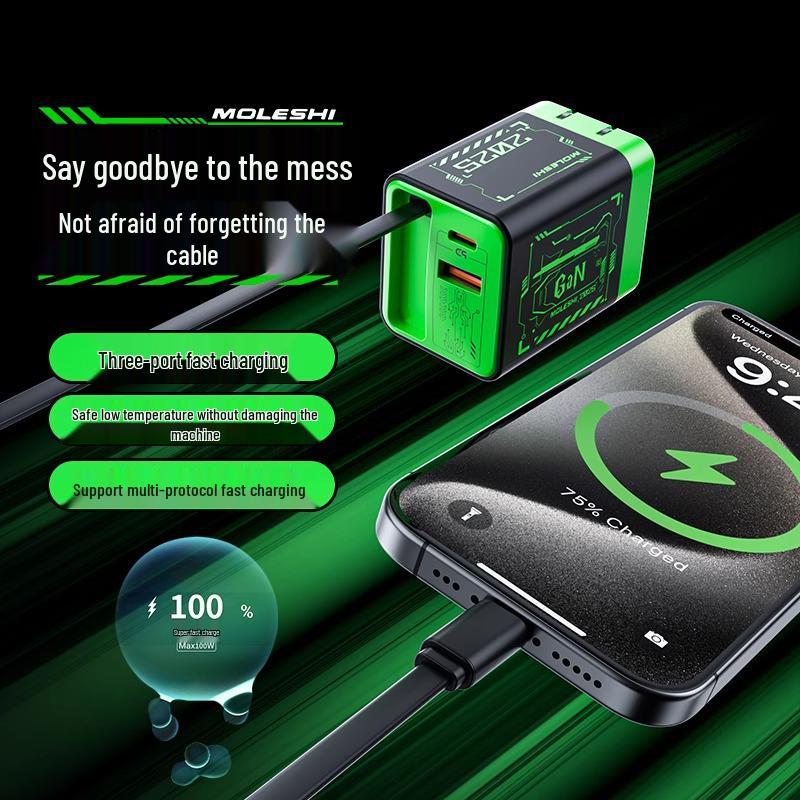 GaN Multi-Port Fast Charger with Retractable Cable for Apple & Huawei Devices.