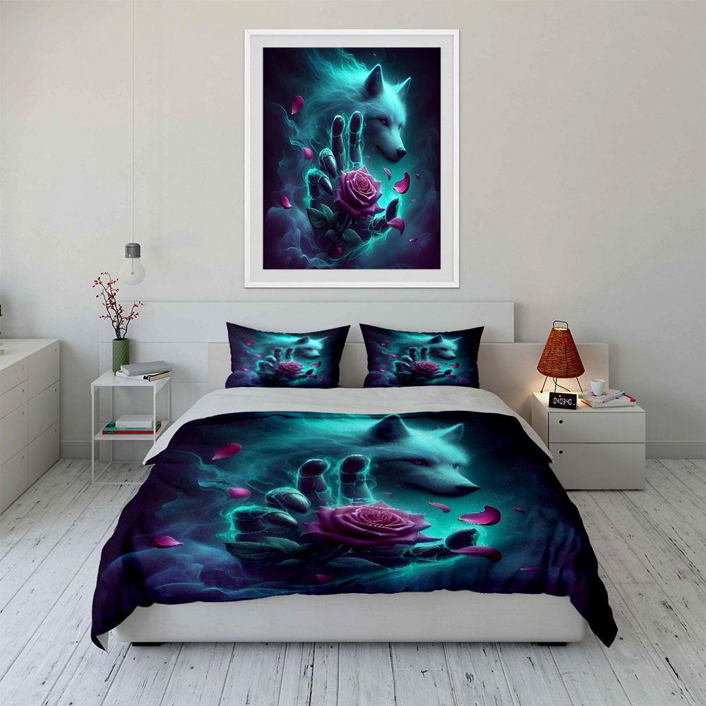Wolf Spirit with Rose Design Bedding Duvet Cover Set (1*Duvet Cover 2*Pillowcases, without duvet insert)