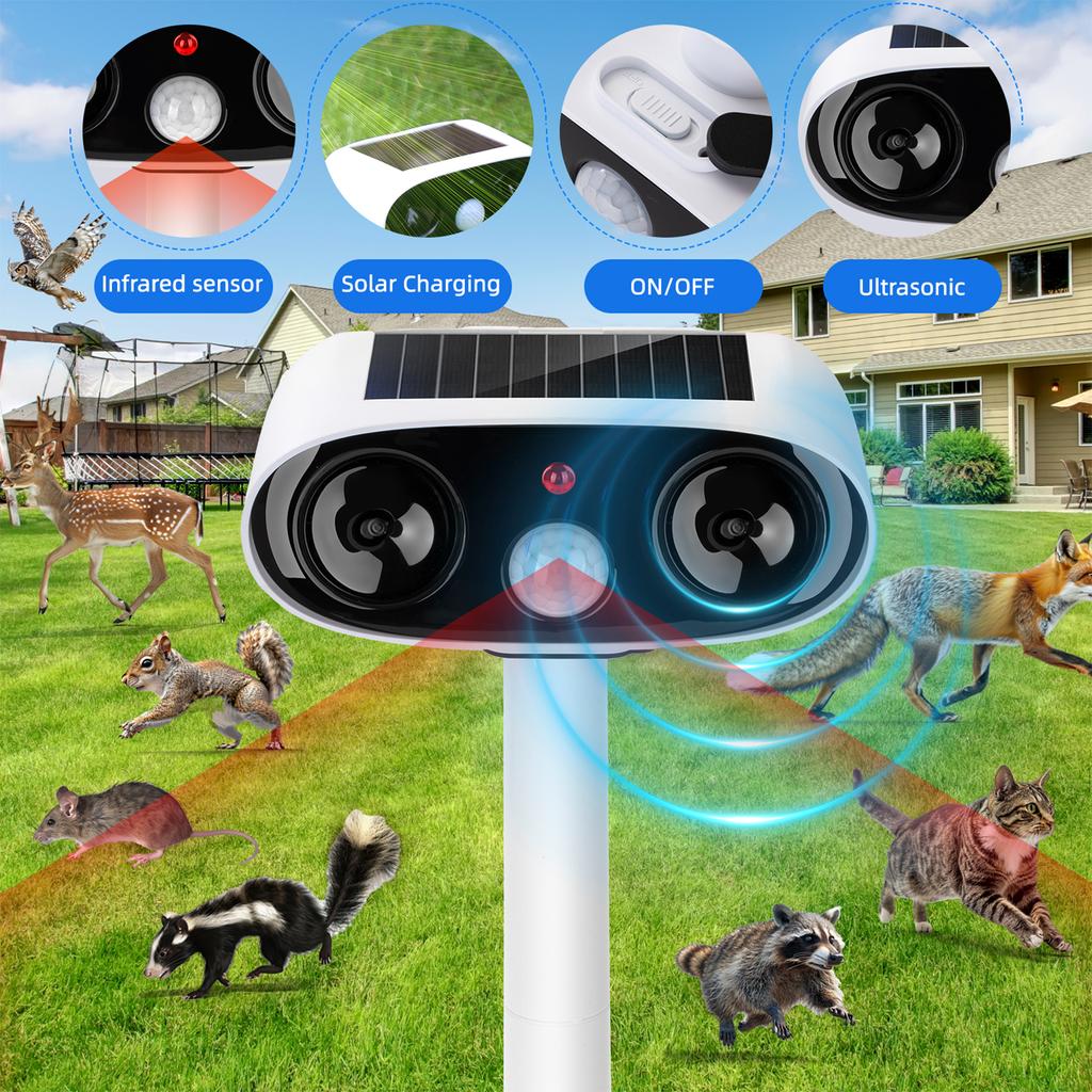 Solar Repellent Ultrasonic Outdoor Pest Bird Squirrel Animal Repeller Waterproof 110 Degree