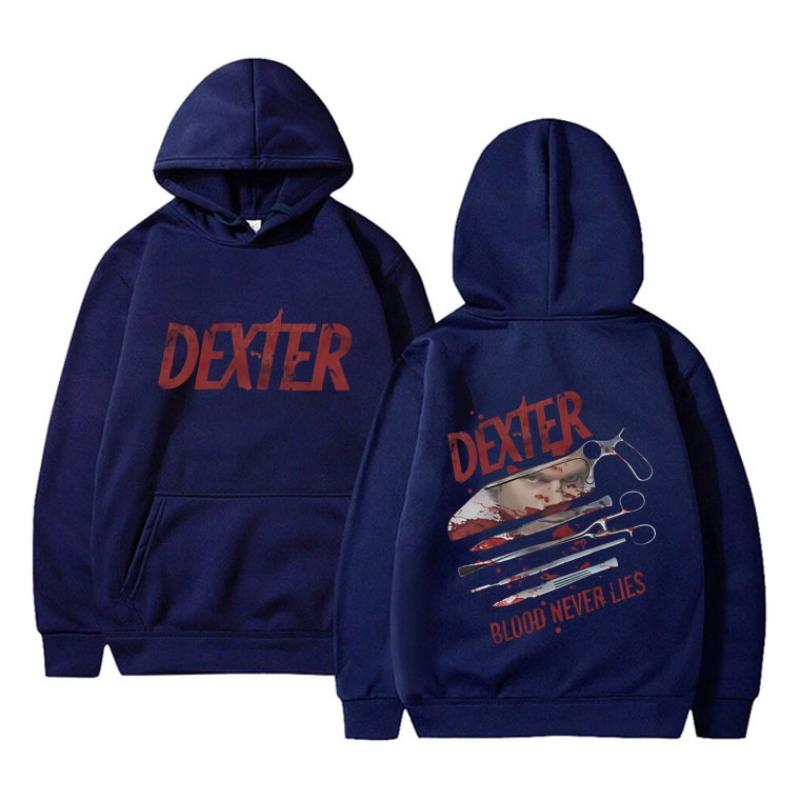 Felpa con cappuccio unisex Dexter Blood Never Lies, pullover con grafica personaggio serie TV, felpa con cappuccio, stampa fronte e retro, manica lunga casual, streetwear