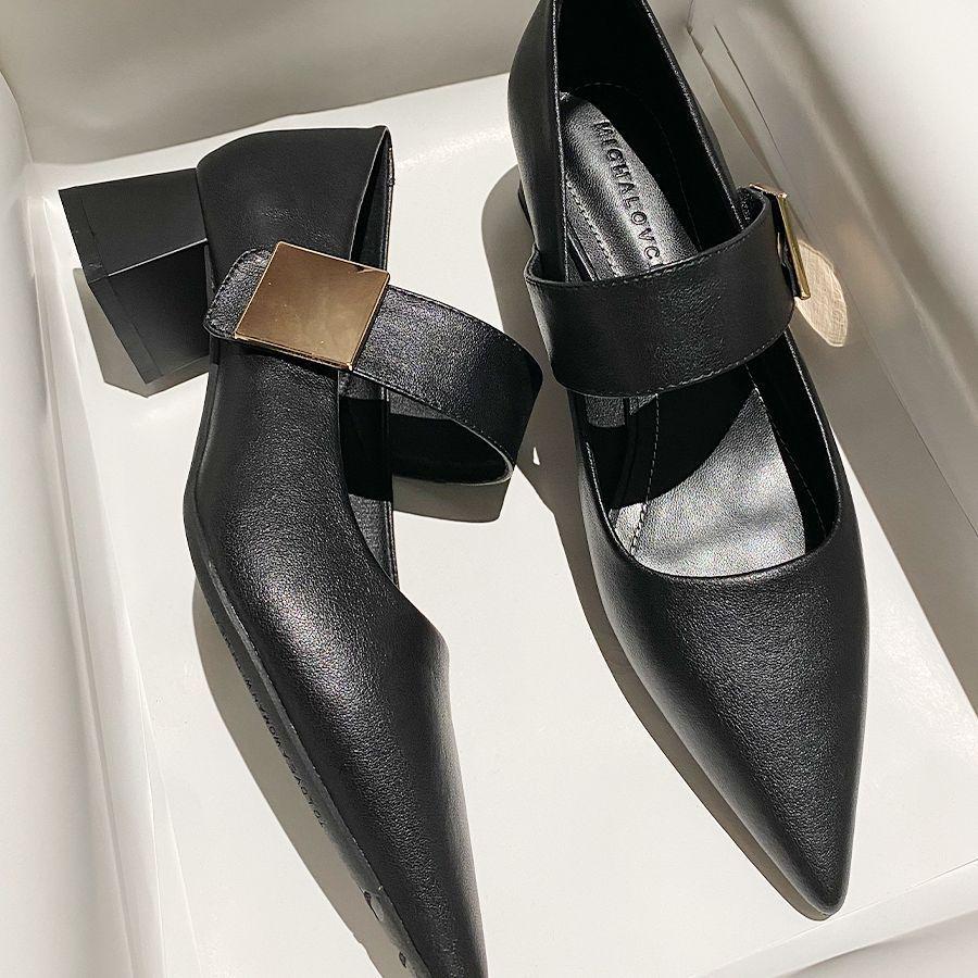 Coarse heel pointed head silver Mary Jane shoes women's 2025 new Velcro word with soft leather temperament high heels