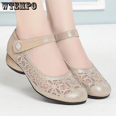 Women's Hollow Out Single Shoes Soft Sole Round Toe Magic Tape Mesh Rhinestone Breathable Comfortable Anti Slip Elegant and Versatile Sandals