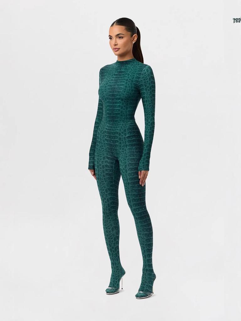 Snake Print Long Sleeve Slimming Bodysuit for Women