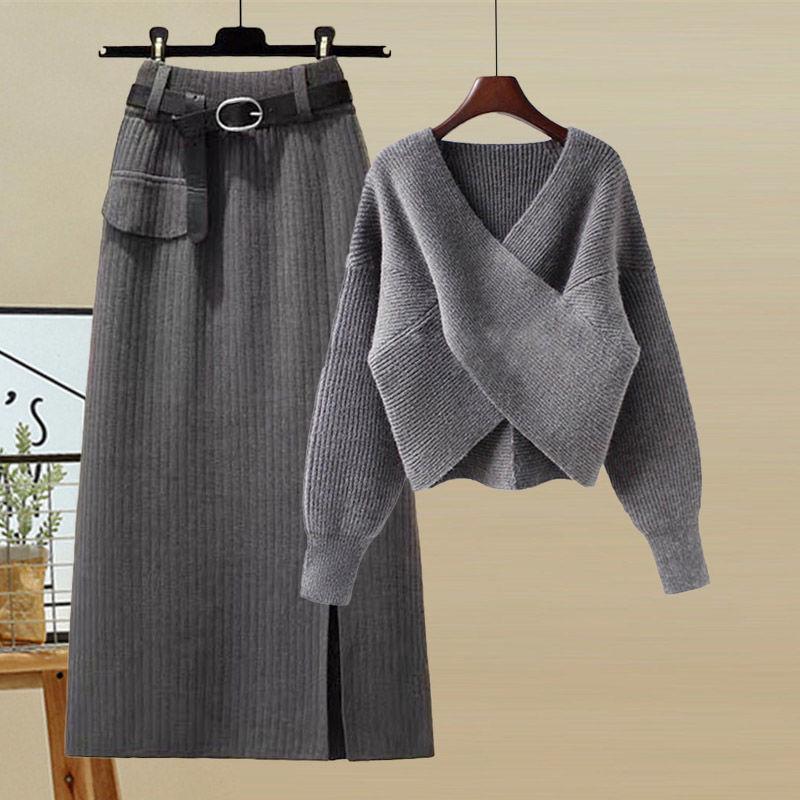 Women's Autumn Korean-Style Slimming Sweater and High-Waist Midi Skirt Set, G Size, 2025 Collection