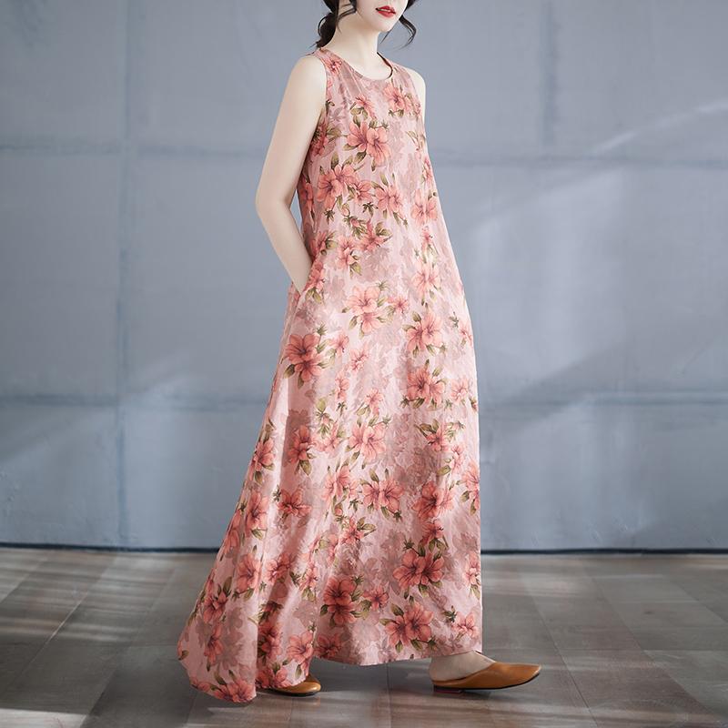 

DIMANAF 2025 Women Linen Summer Flower print Dress Casual Ladies Basic Long Dress 8137 2XL