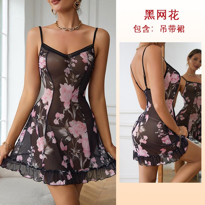 Pajamas Underwear Sexy Mesh Pajamas Ladies Printed Suspender Pajamas Loungewear 620 S