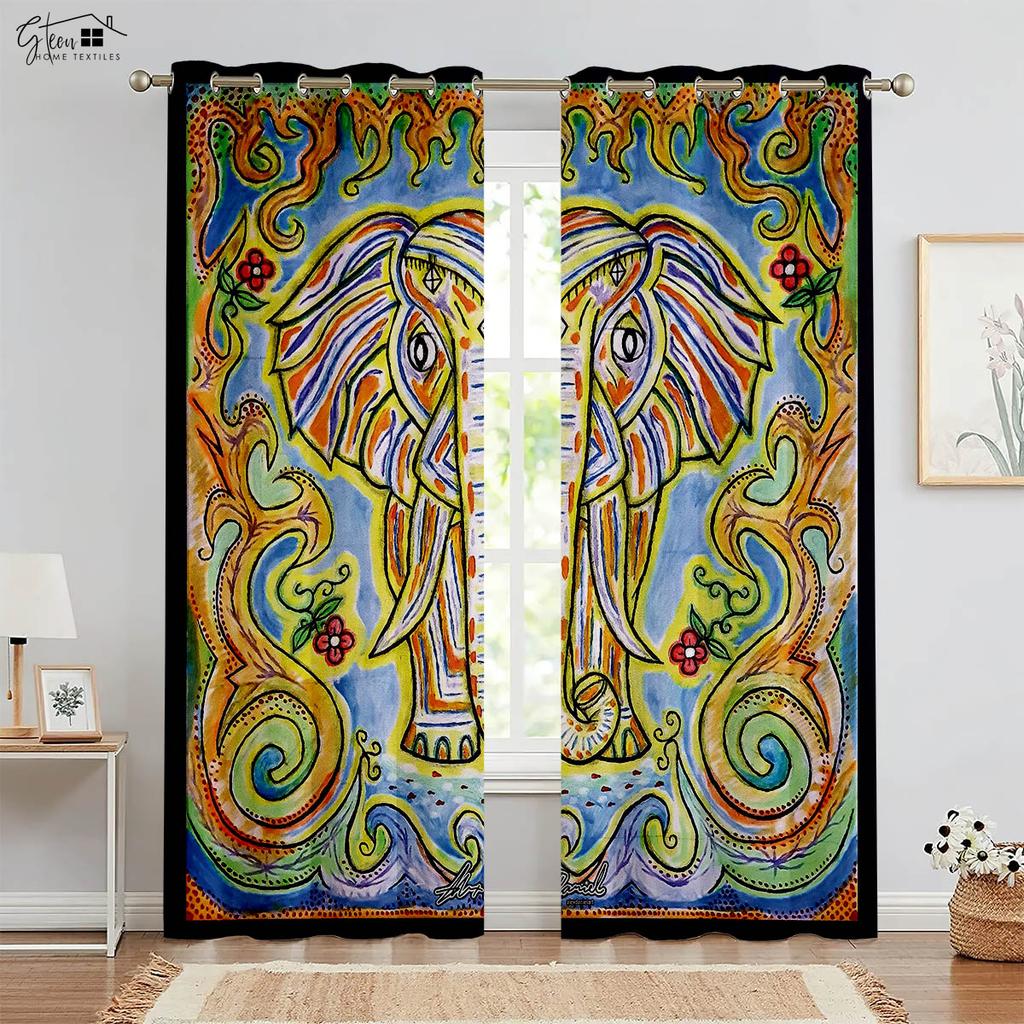 Elephant Pattern 3D Printed Curtains Nordic Style Live Background Homestay Bedroom Living Room Fortune Decoration Curtains 2PCS
