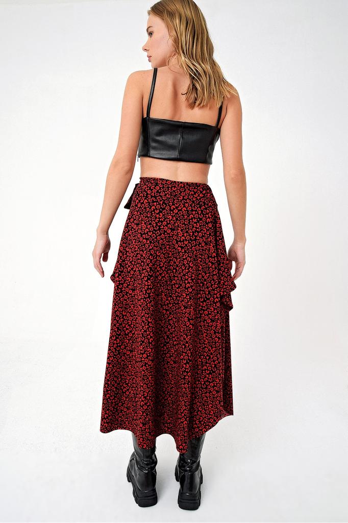 Women's Skirt New Season Fashion Black Patterned Asymmetric Cut Tie Waist Skirt