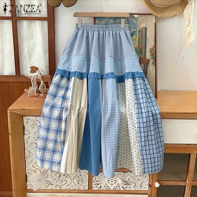 Womens Summer Casual Elastic Waist Loose Grid Print Skirts