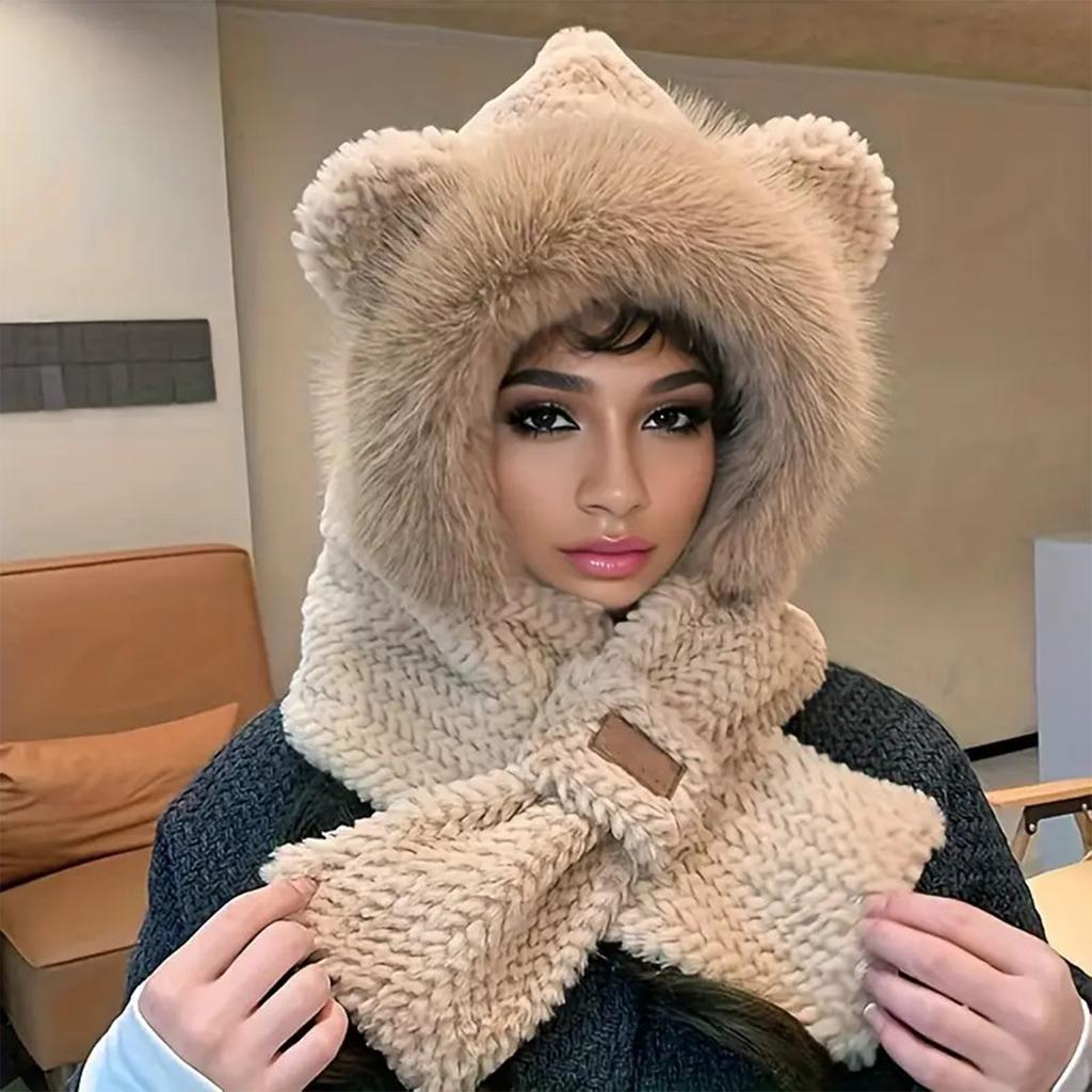Women's Scarf One-piece Hooded Cute Cycling Thick Warm Plush Hat