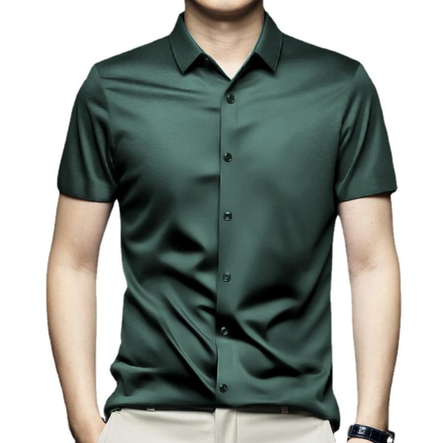 

Азиатский размер, летние мужские деловые рубашки с коротким рукавом, без морщин, не гладильные, профессиональные рубашки из ледяного шелка, мужские белые, черные рубашки 46 темно-зеленого
