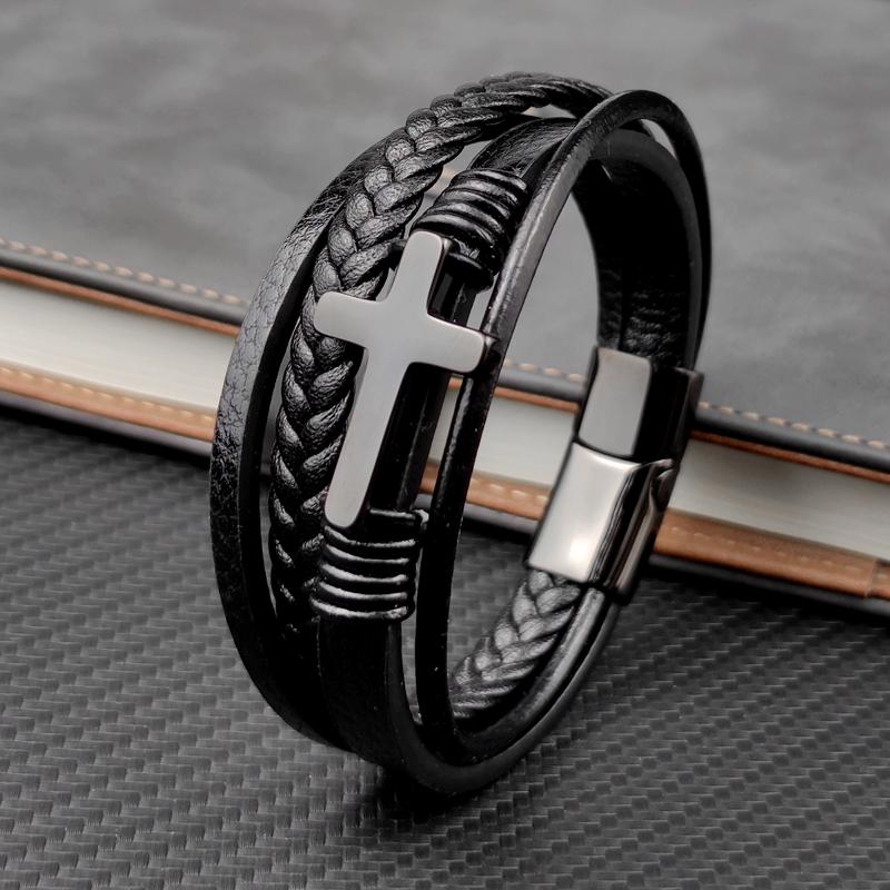 Charm Stainless Steel Leather Cross  Brown/black Bracelet Men Hiphop Jewelry Magnetic Clasp Mutilayer Male Cuff Wrap Bangle Gift
