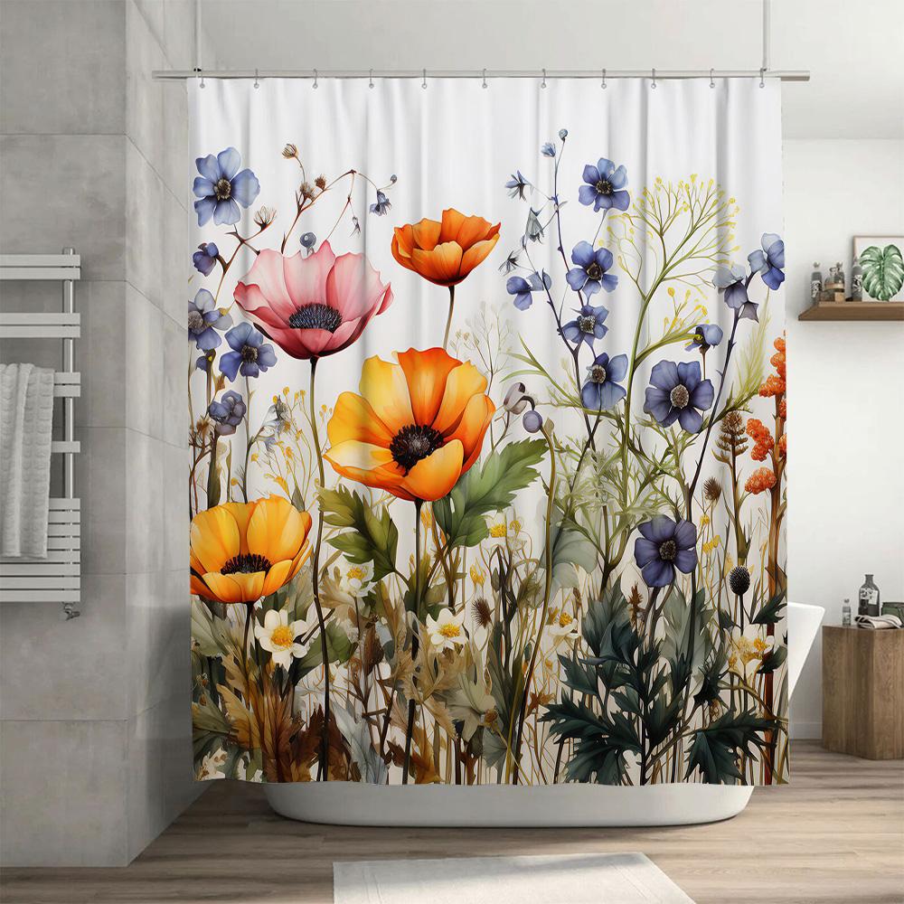 Floral Shower Curtain With Poppy Flower Print For Bathroom Decor Waterproof Fabric Multiple Sizes Available