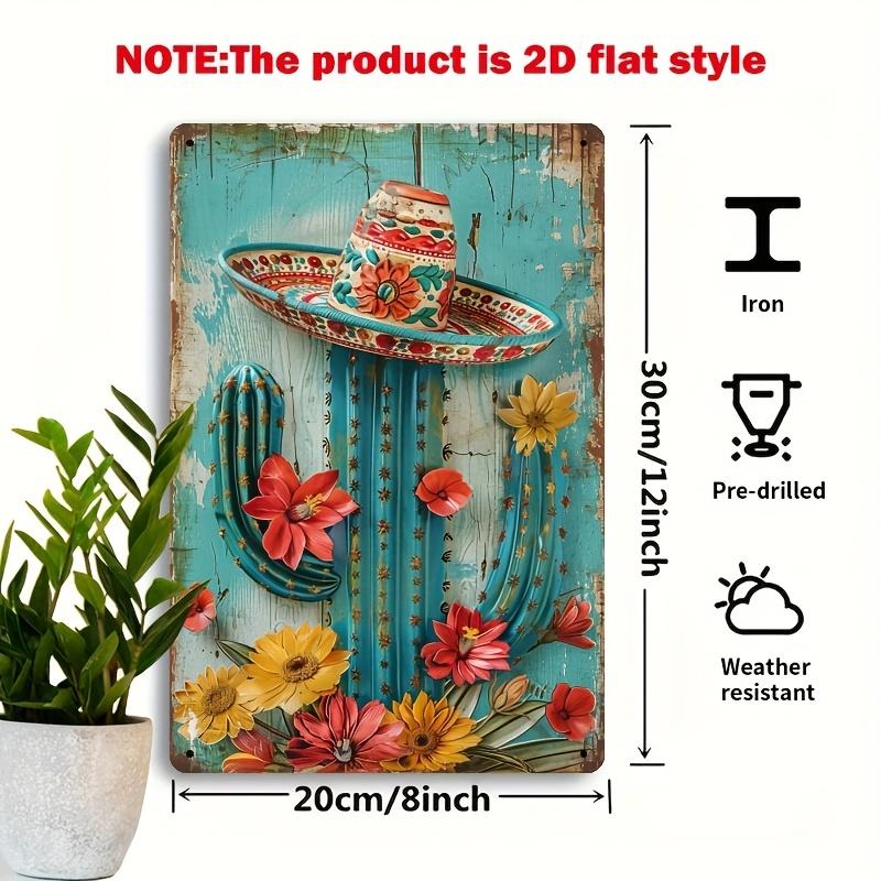 [2D Flat] Vintage Cactus Metal Tin Sign with Sombrero - Rustic Teal Blue Wall Art, 20.32x30.48 Cm, Colorful Floral Design, Indoo