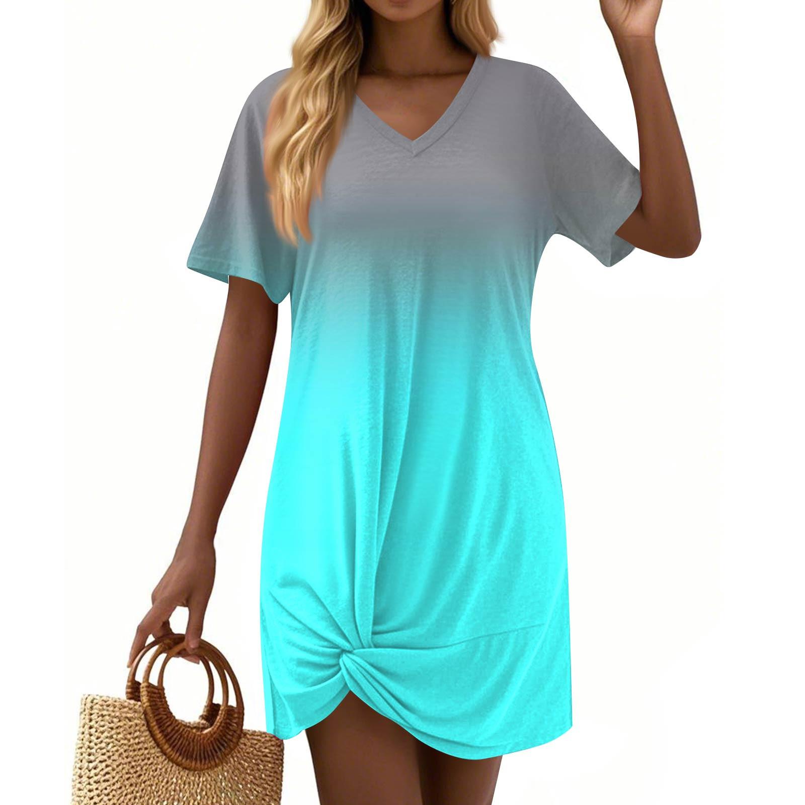 

Women s Fashion Casual Loose Printed Short Sleeve V-Neck Dresses XL небо синє кольору