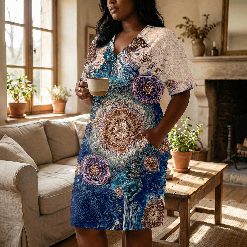 Letní nadměrné velikosti V výstřih krátký rukáv ke kolenům kapsa potisk ležérní šaty pro ženy