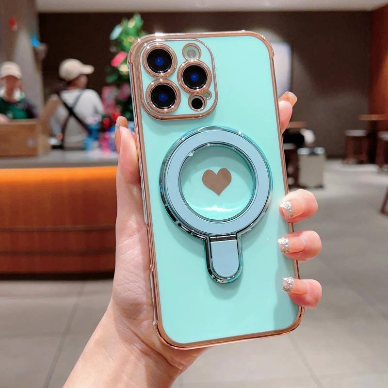 For Magsafe Plating Love Heart Bracket Wavy Case For iPhone 17 Air 16E 15 14 13 12 11 8 Pro Max Plus Magnetic Stand Holder Cover