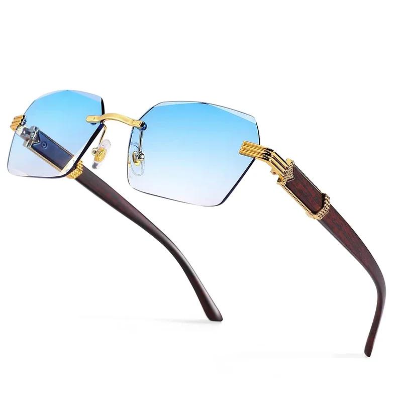 New Rimless Square Sunglasses Man Brand Designer Frameless Gradient Sun Glasses Woman Fashion Vintage Wooden Oculos De Sol