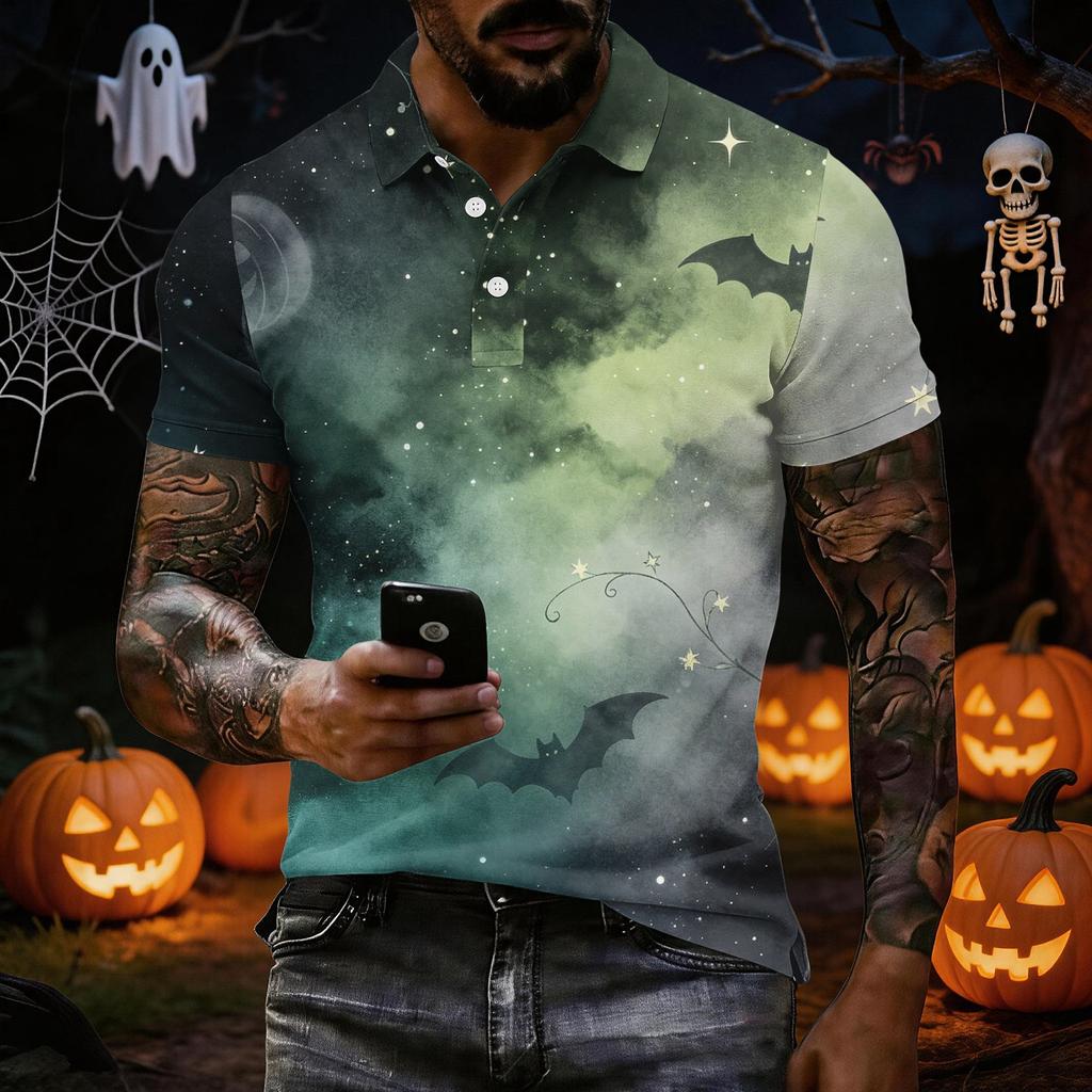 Men's Short Sleeve Halloween Print Shirt for Casual Wear and Halloween Parties