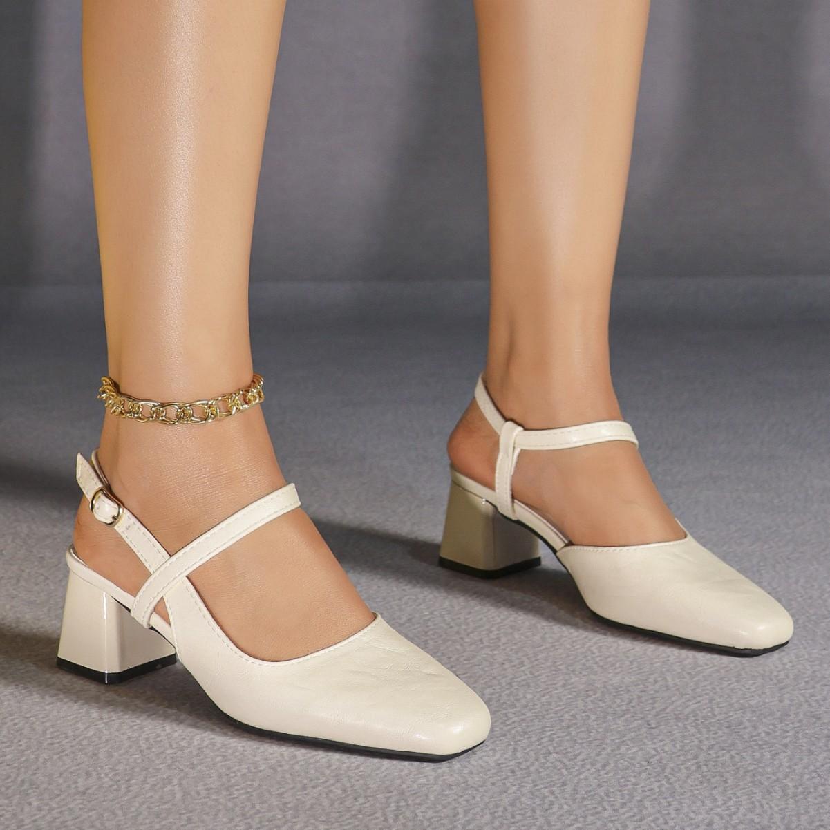 

2026 Летние Босоножки на Высоком Каблуке Женские Туфли для Вечеринок Элегантный Бренд Женские Туфли для Платья Черные Коричневые Квадратный Каблук 5 см Большой Размер 43 40 бежевый