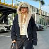 American Retro Fur Collar Hooded Jacket Women Y2K Streetwear Winter New Velvet Thickened Warm Harajuku Loose Casual Jacket