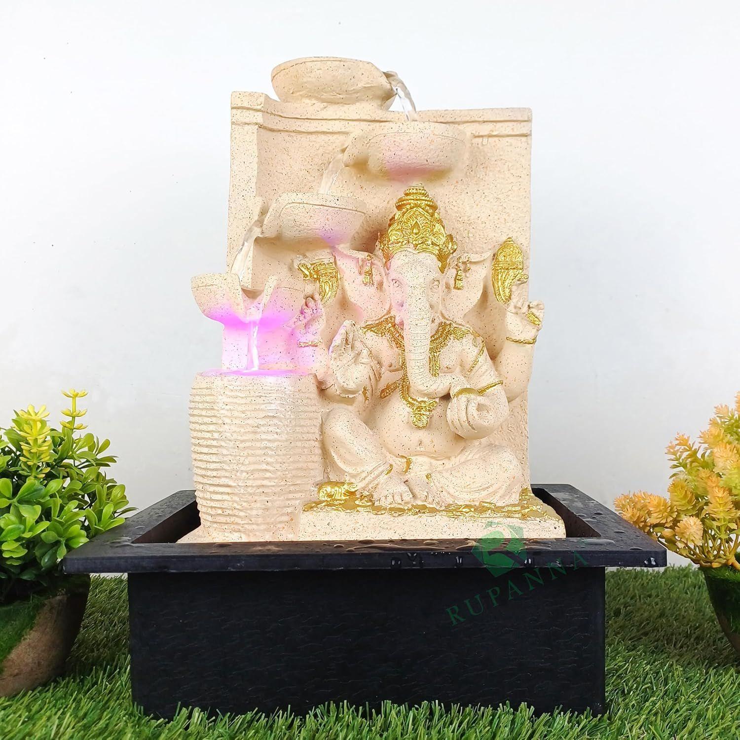 

3 Step Ganesha Table Top Water Fountain with RGB LED Light for Home Décor/Gift/Vastu/Pooja/Reception/House Warming (Biege Stone)